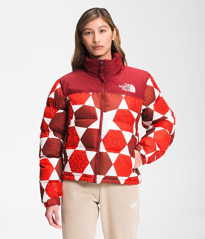 The North Face Womens Puffer Jacket Printed 1996 Retro Nuptse 914CQTIBN - Red